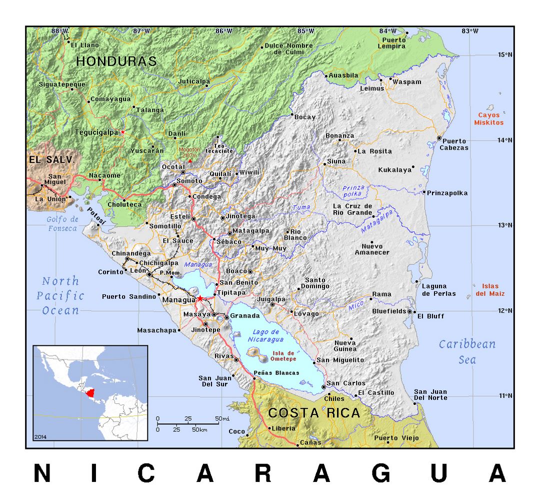Detailed political map of Nicaragua with relief