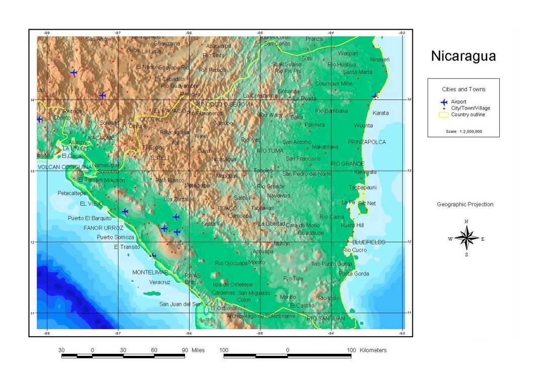 Large detailed map of Nicaragua with relief, cities, towns and airports