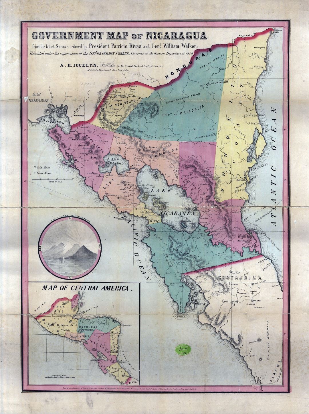 Large detailed old government map of Nicaragua - 1856