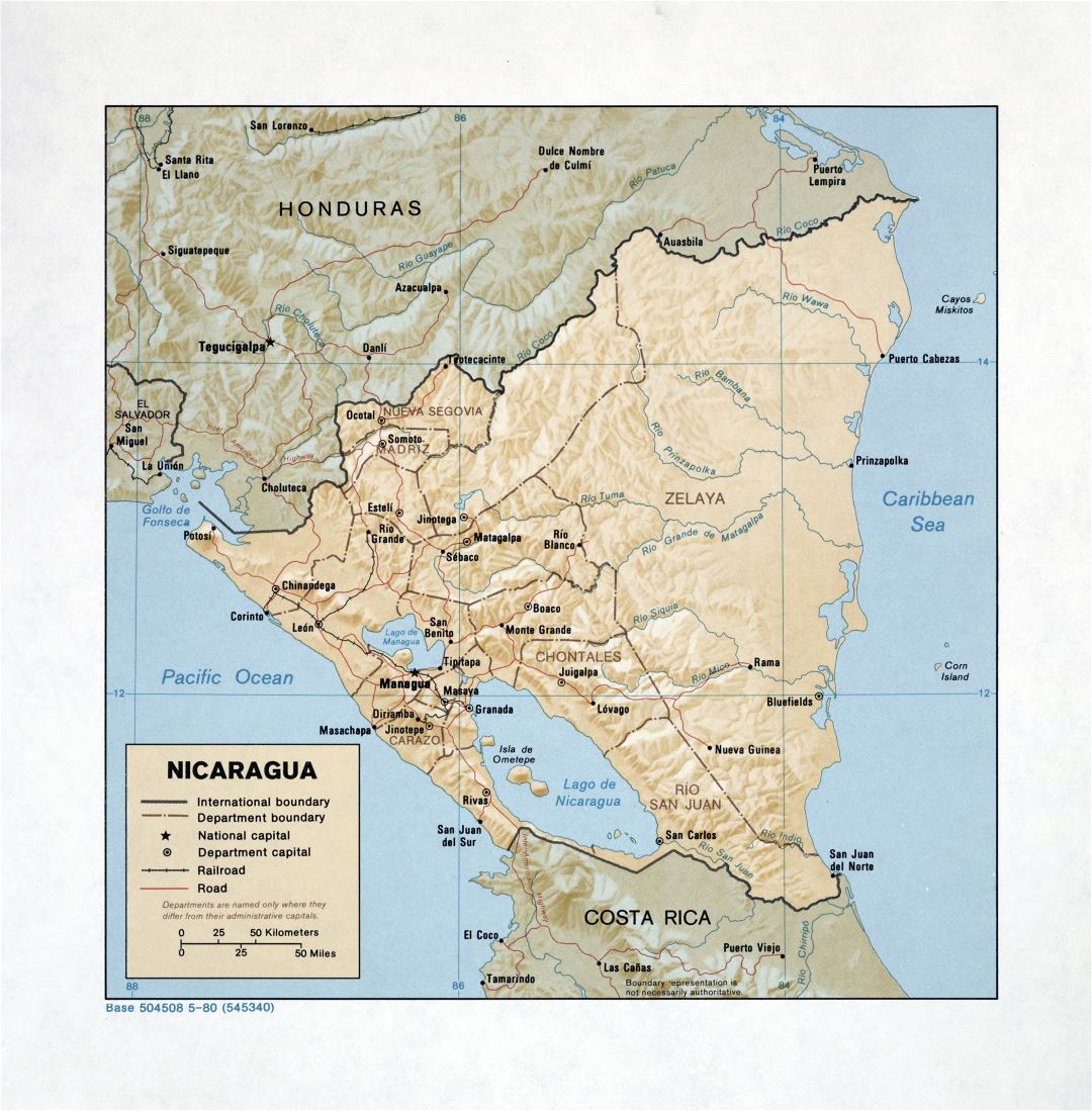 Large detailed political and administrative map of Nicaragua with relief, roads, railroads and major cities - 1980