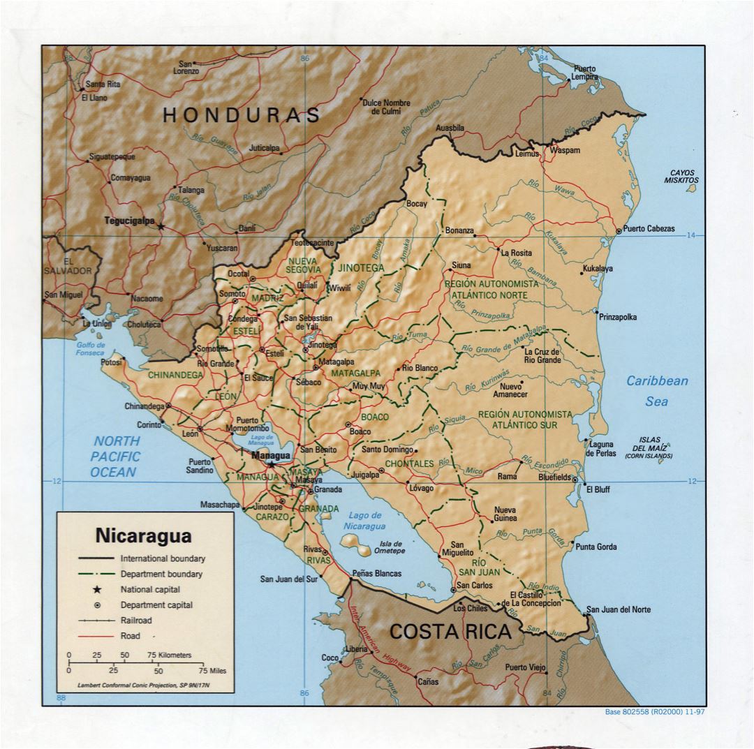 Large detailed political and administrative map of Nicaragua with relief, roads, railroads and major cities - 1997
