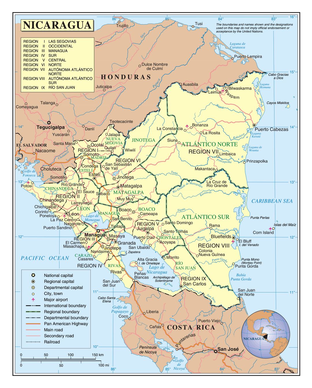 Large detailed political and administrative map of Nicaragua with roads, railroads, cities and airports