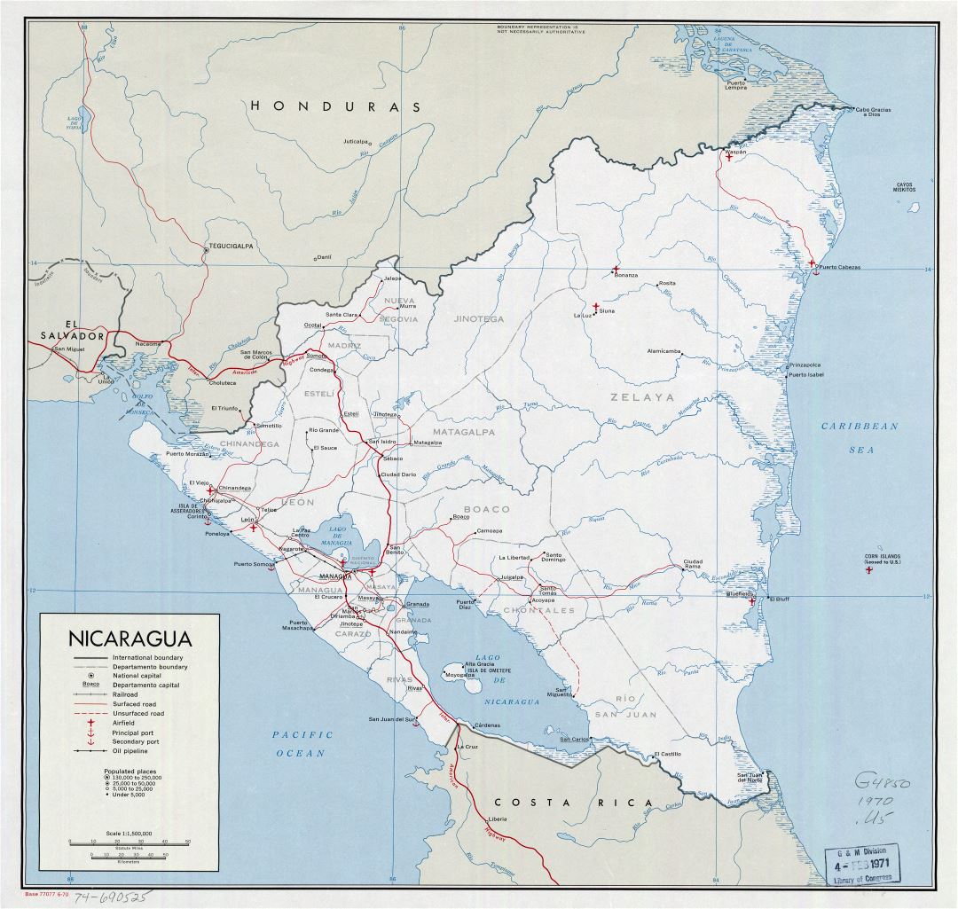 Large detailed political and administrative map of Nicaragua with roads, railroads, major cities, sea ports, airports and other marks - 1970