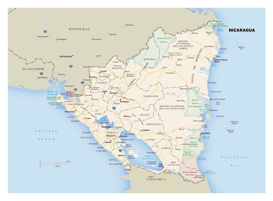 Large detailed road map of Nicaragua with administrative divisons, cities and national parks