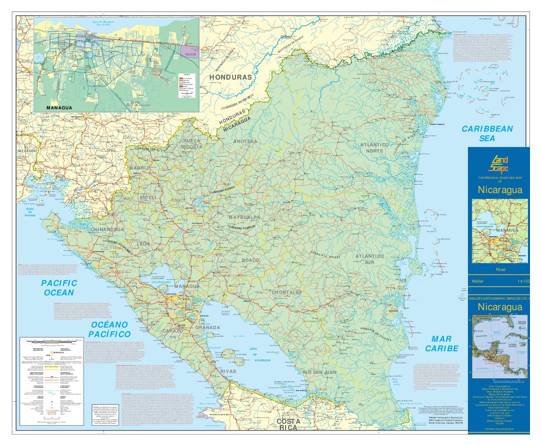 Large detailed road map of Nicaragua with cities, airports and other marks