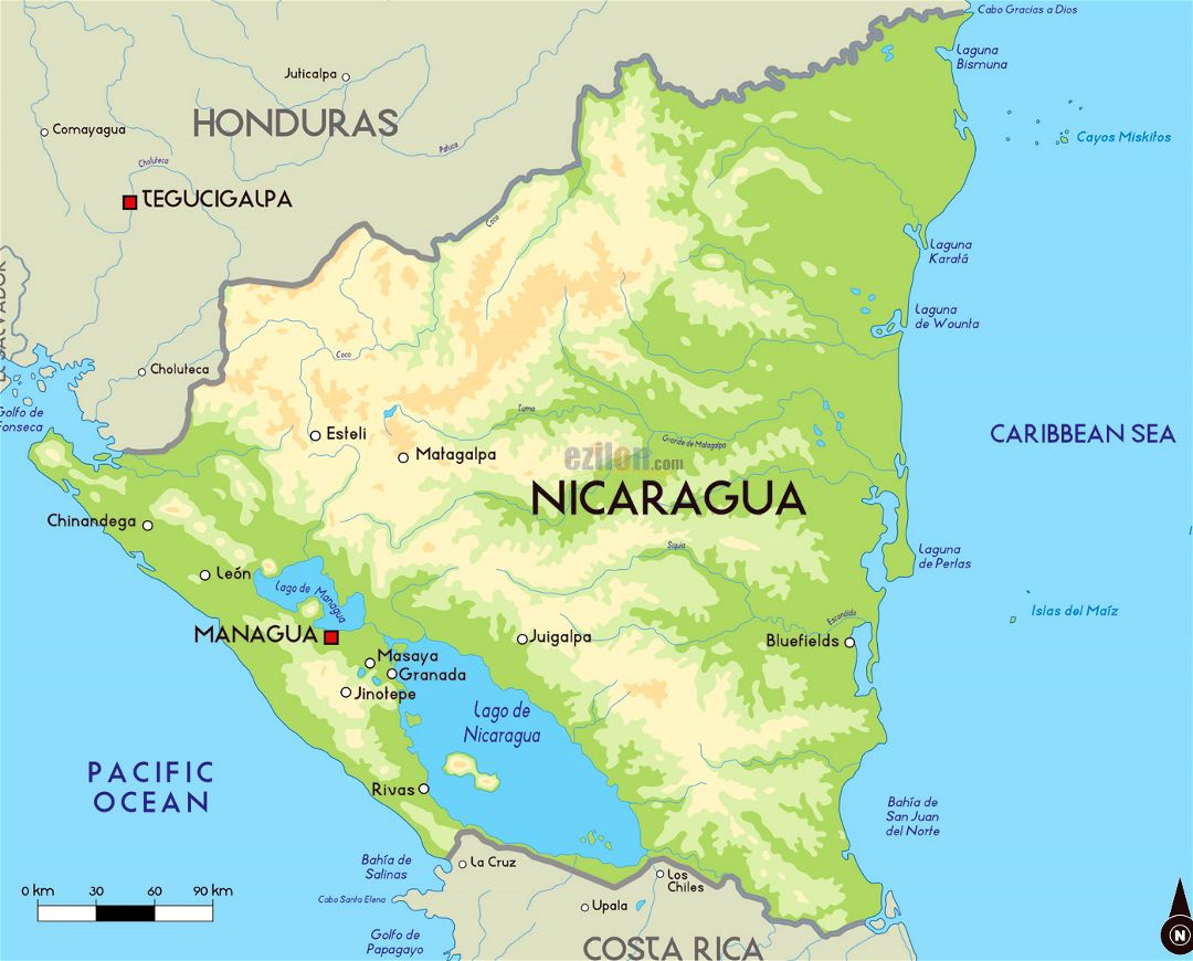 Large elevation map of Nicaragua with major cities