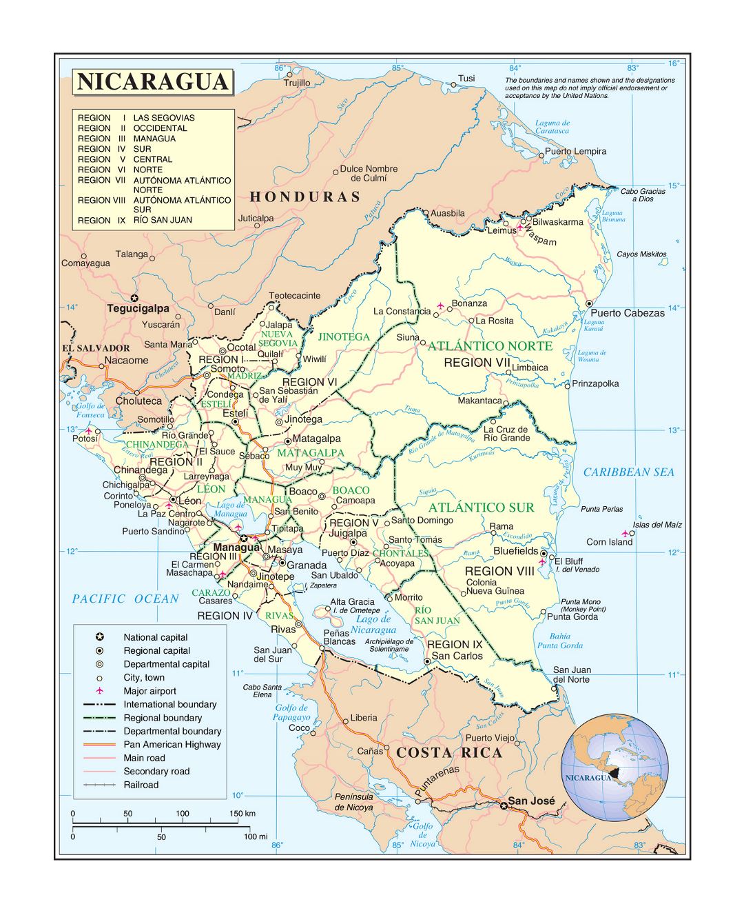 Large political and administrative map of Nicaragua with roads, railroads, cities and airports