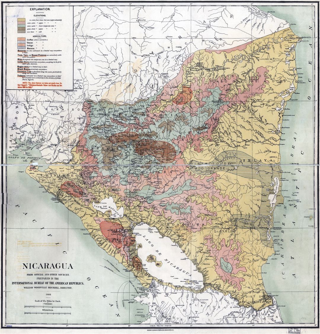 Large scale old elevation map of Nicaragua with other marks - 1903