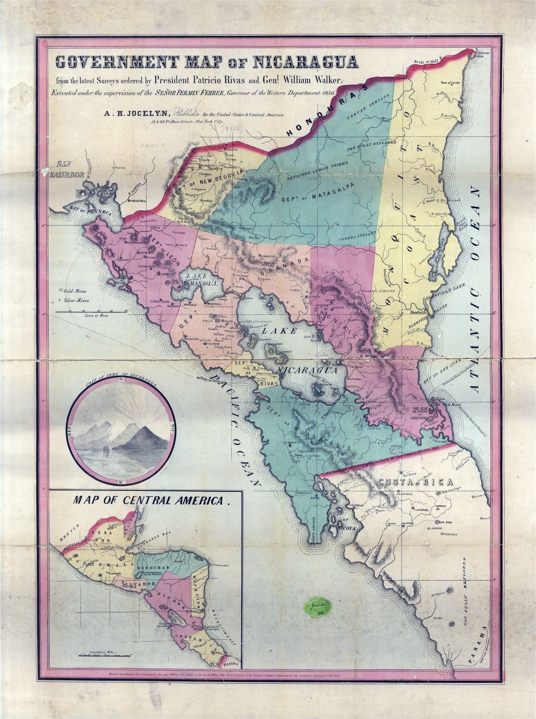 Large scale old government map of Nicaragua - 1856