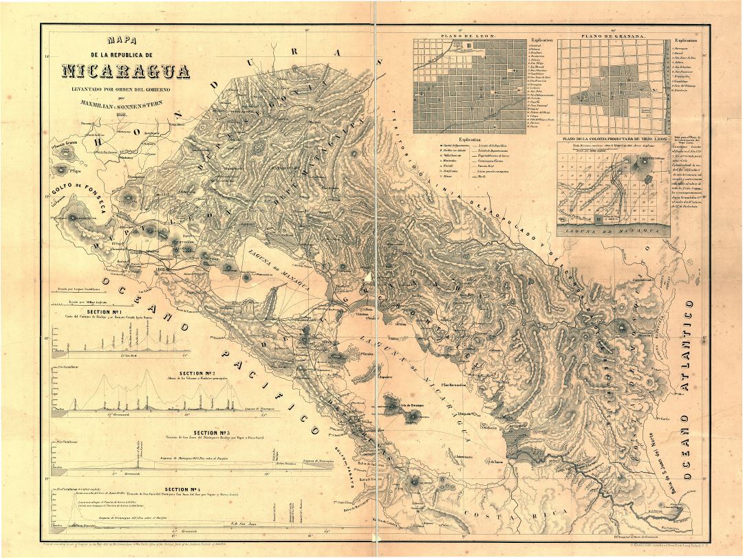 Large scale old map of Nicaragua - 1858