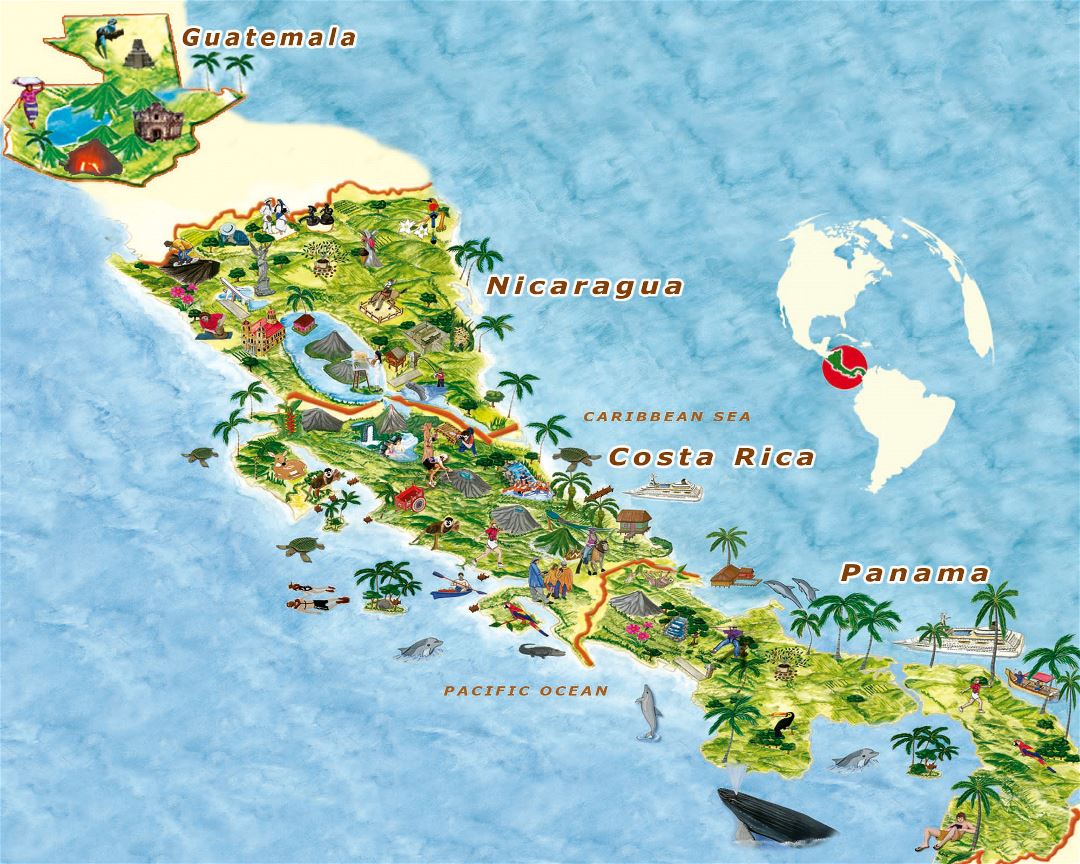 Large travel illustrated map of Central America