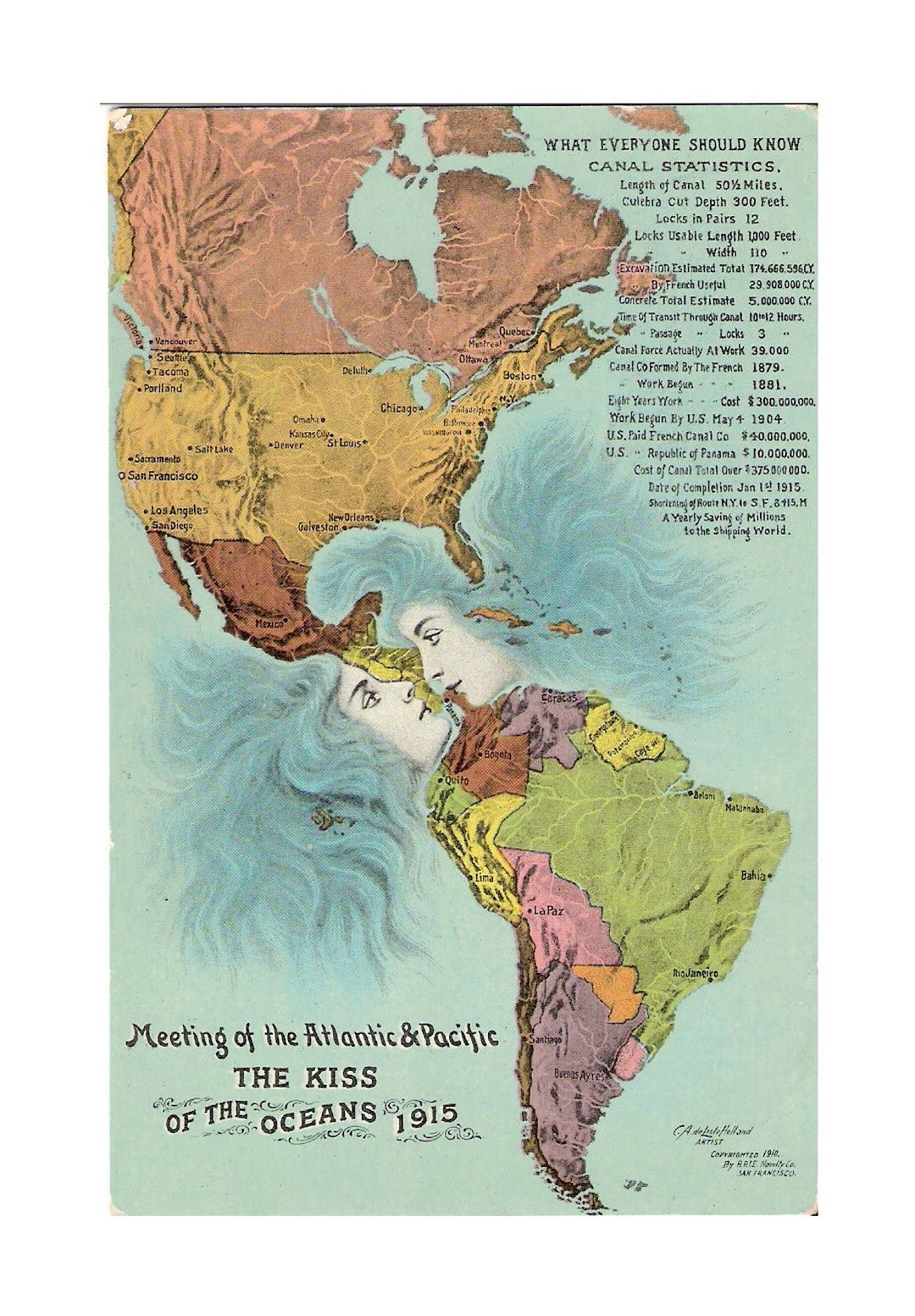 Detailed old kiss of the oceans map of America - 1915