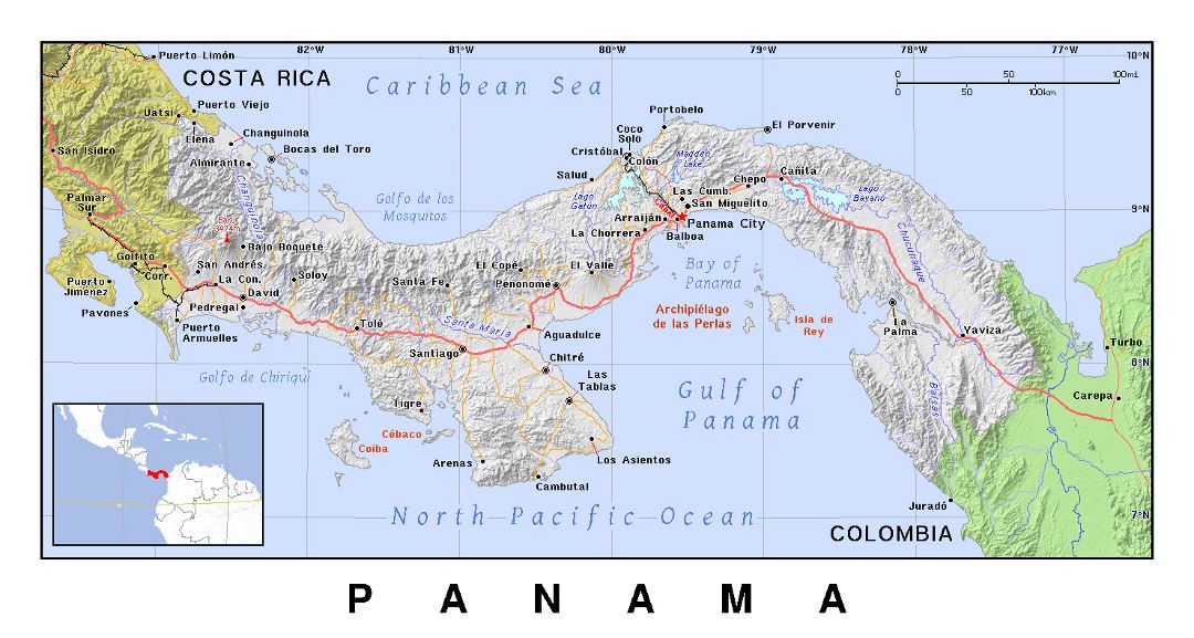 Detailed political map of Panama with relief