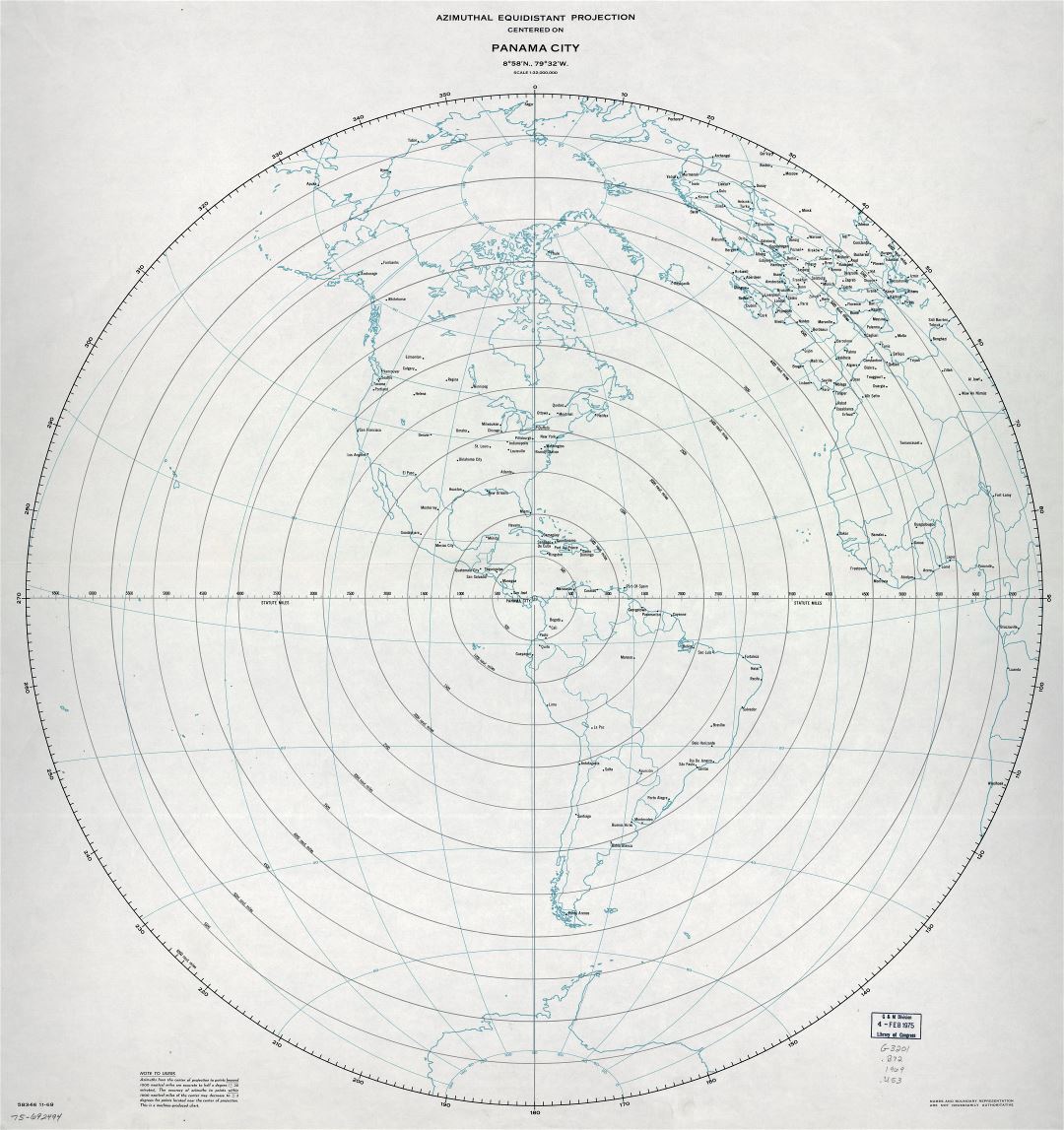Large detailed azimuthal equidistant projection map centered on Panama city, Panama - 1969