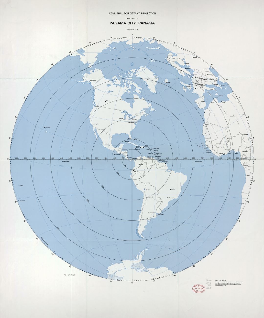 Large detailed azimuthal equidistant projection map centered on Panama city, Panama - 1988