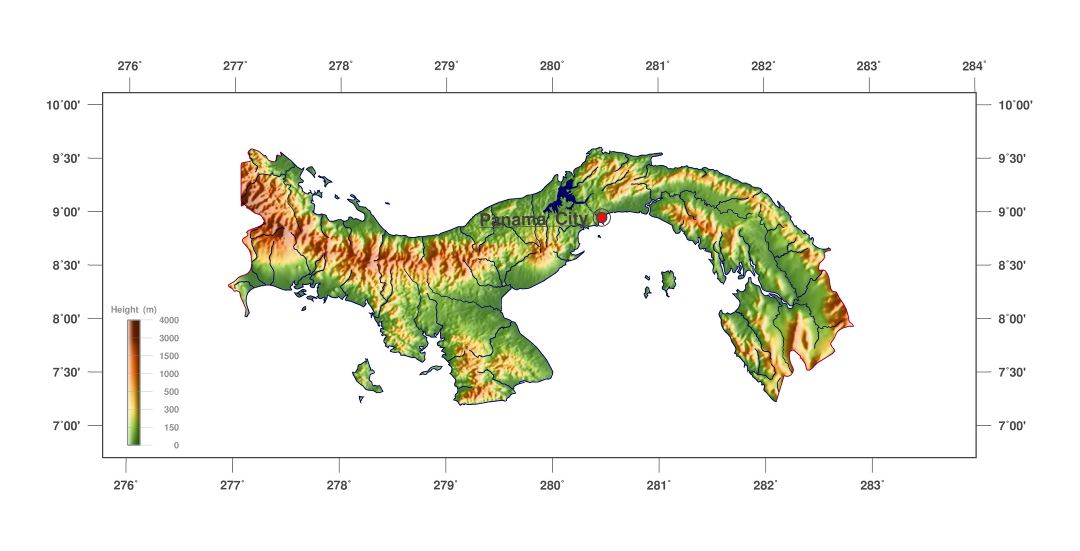 Large detailed elevation map of Panama