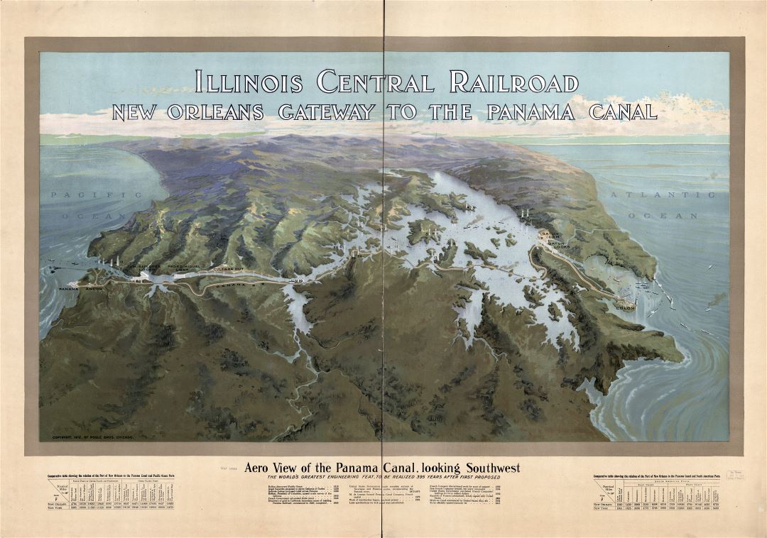 Large detailed old aero view of the Panama canal - 1912