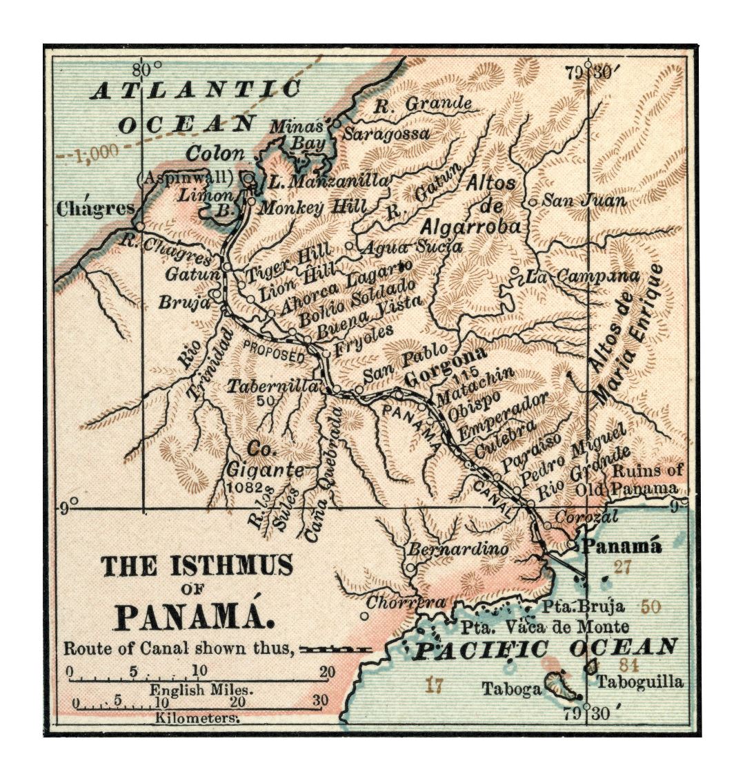 Large detailed old map of Panama canal with relief