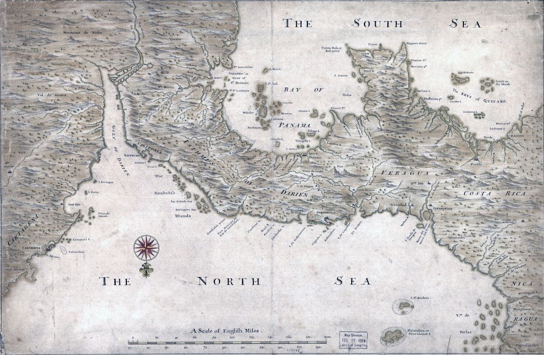 Large detailed old map of Panama with relief and other marks - 17xx