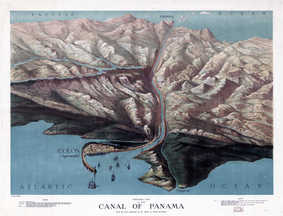Large detailed old panoramic view of the canal of Panama - 1881