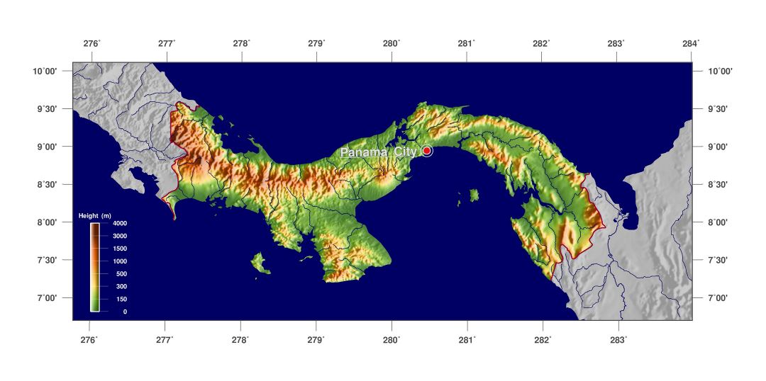 Large detailed physical map of Panama