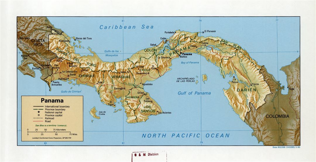 Large detailed political and administrative map of Panama with relief, roads, railroads and cities - 1995