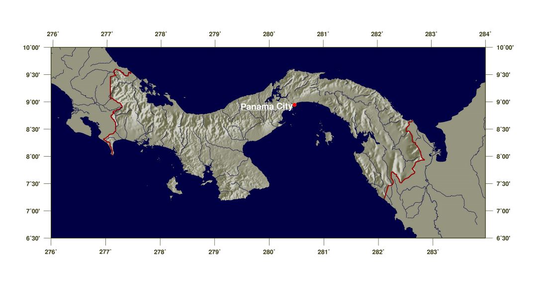 Large detailed relief map of Panama