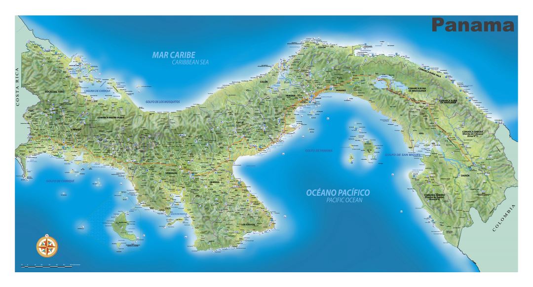 Large detailed travel map of Panama with relief, roads, cities, sea ports, airports and other marks