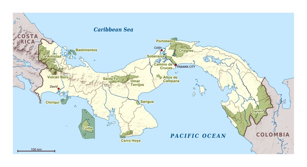 Large national parks map of Panama