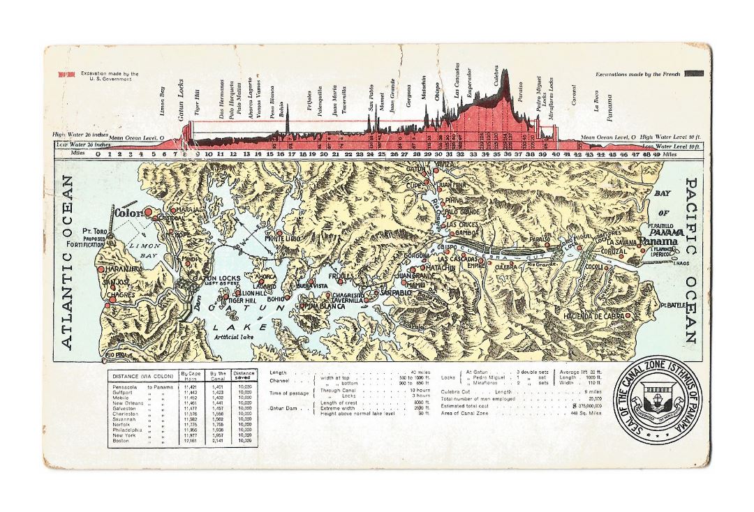 Large old map of Panama canal with relief