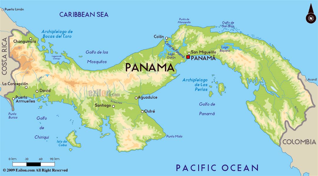 Large physical map of Panama with major cities