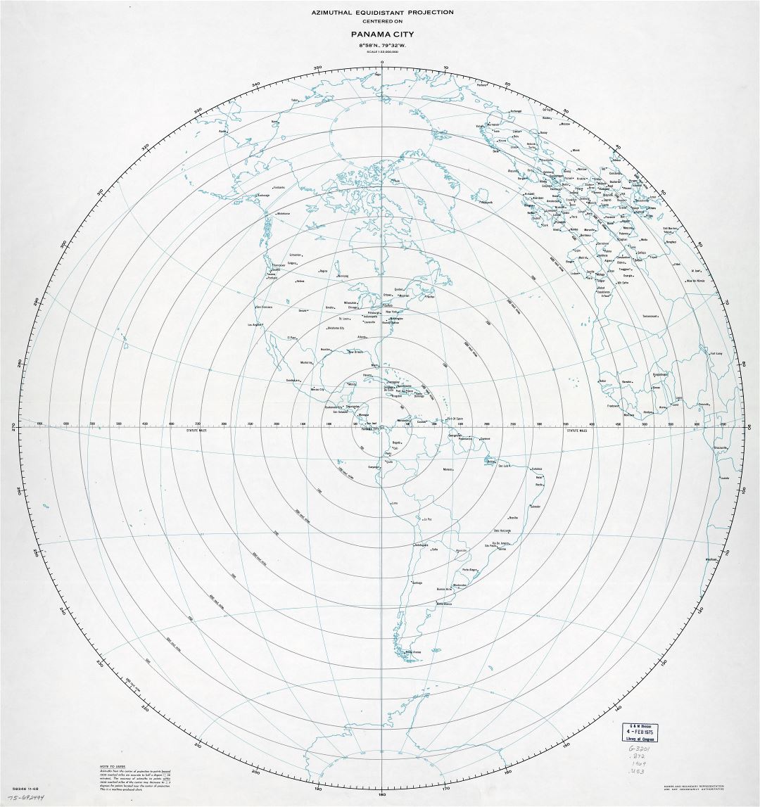 Large scale detailed azimuthal equidistant projection map centered on Panama city, Panama - 1969