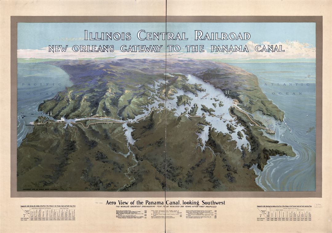 Large scale detailed old panoramic map of Panama canal - 1912