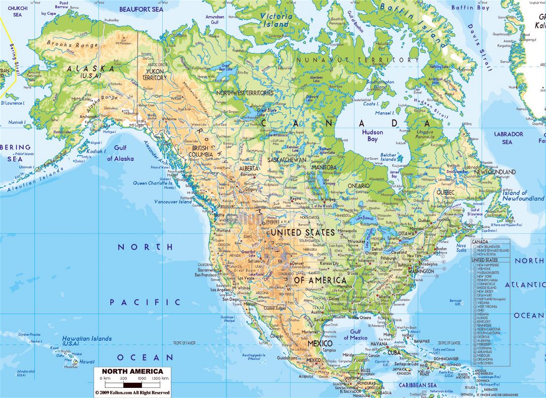 Physical map of North America with roads and major cities