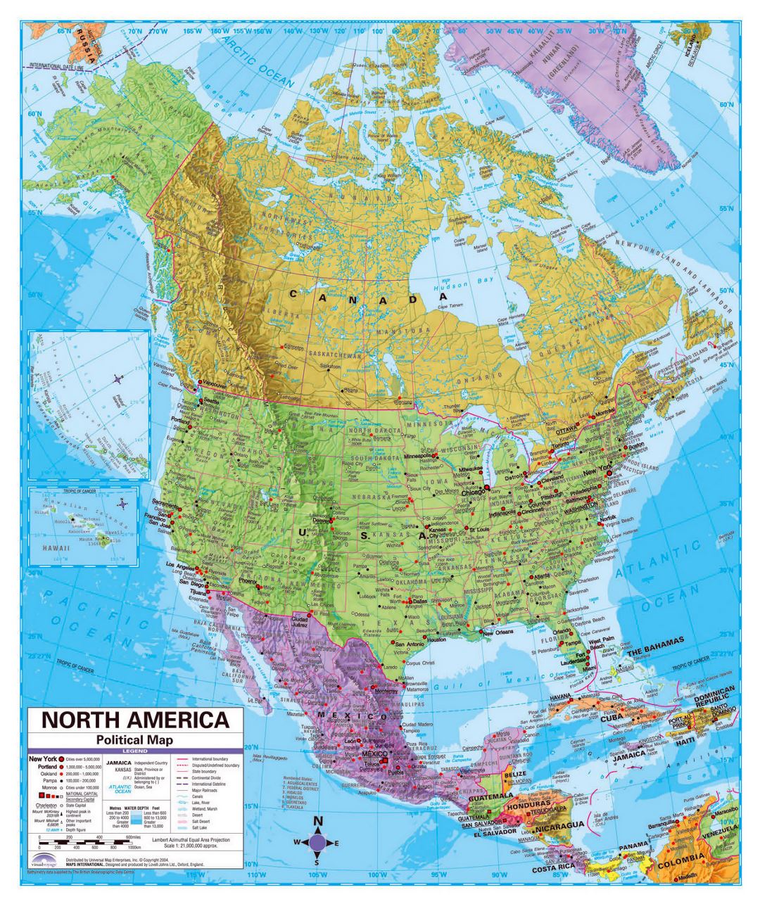 Political map of North America with relief, roads and major cities
