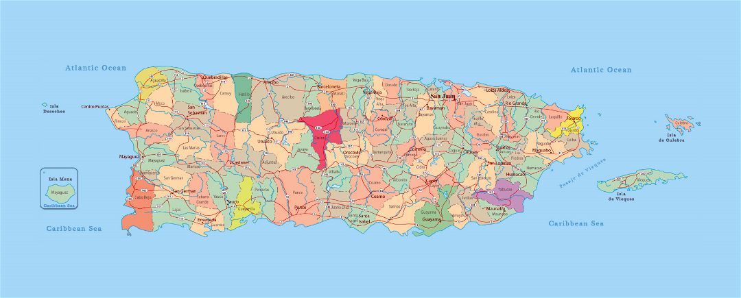 Large administrative map of Puerto Rico with roads and cities