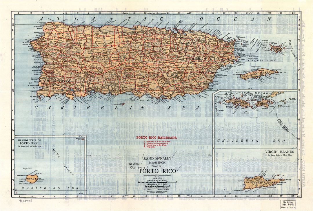 Large detailed old map of Puerto Rico with relief, roads and cities - 1921
