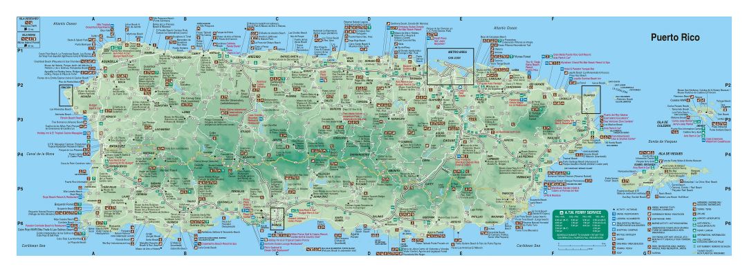 Large detailed tourist map of Puerto Rico with roads, cities and other marks