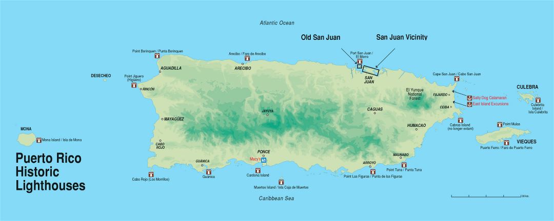 Large hicstoric lighthouses map of Puerto Rico