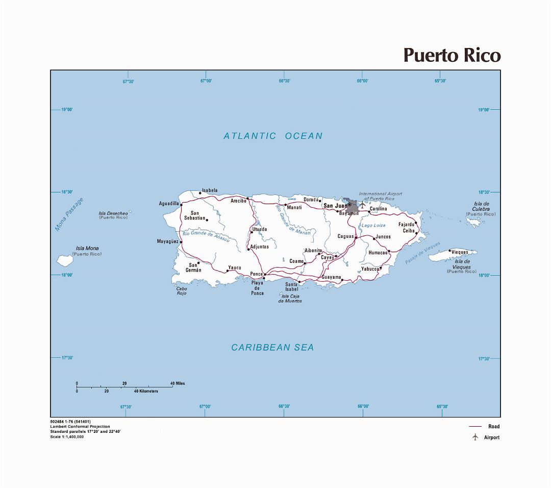Large political map of Puerto Rico with roads, cities and airport - 1976
