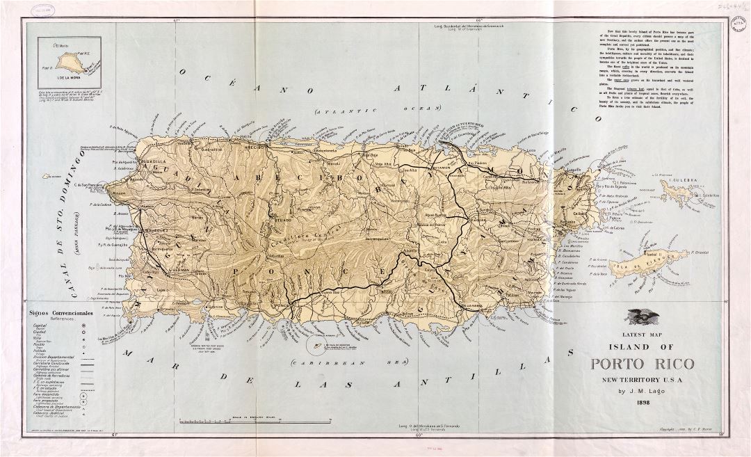 Large scale detailed old map of Puerto Rico with relief and other marks - 1898