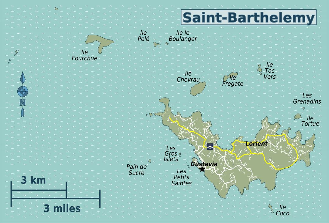 Large detailed map of Saint Barthelemy with roads and airport