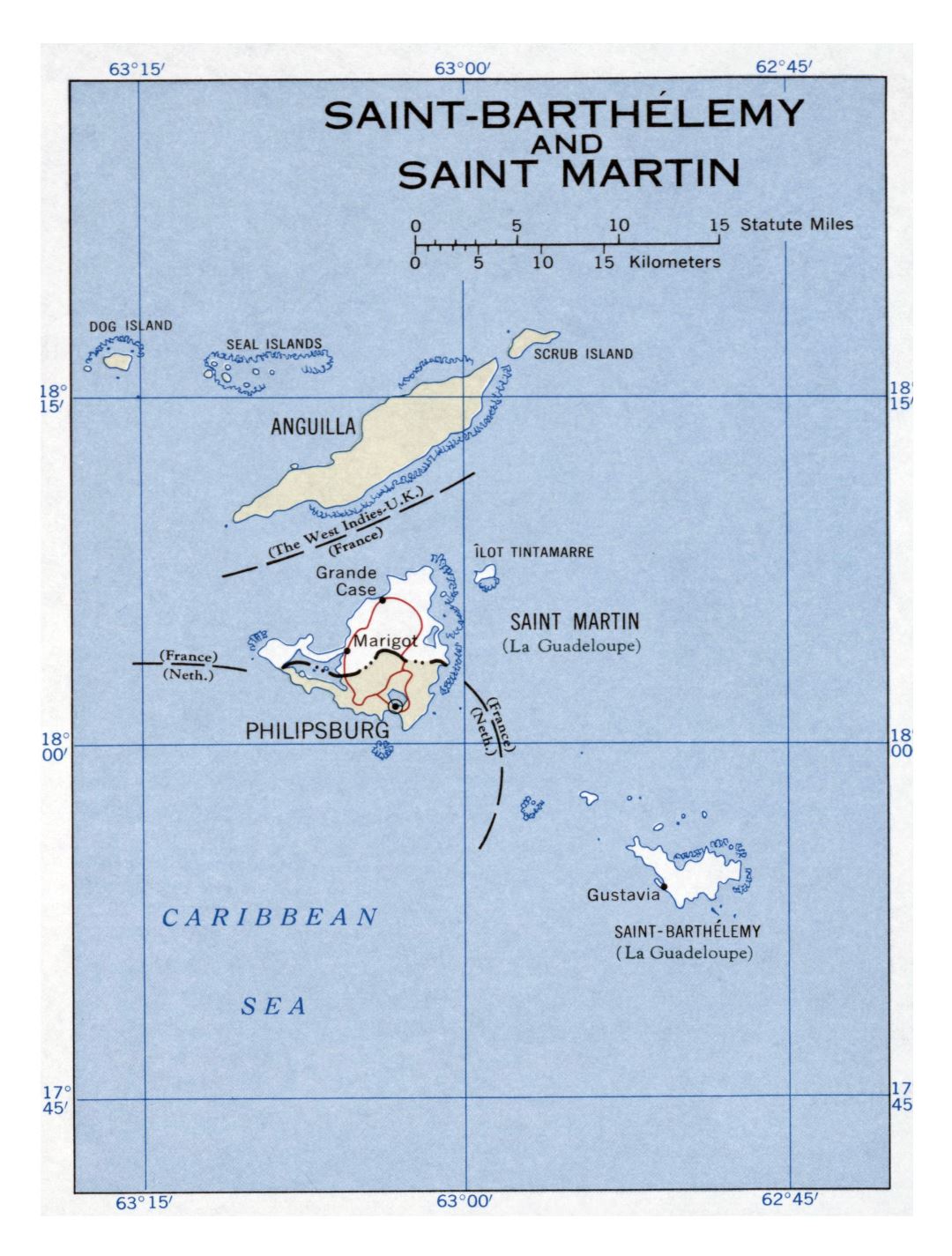 Large detailed political map of Saint Barthelemy and Saint Martin with major roads and major cities - 1960
