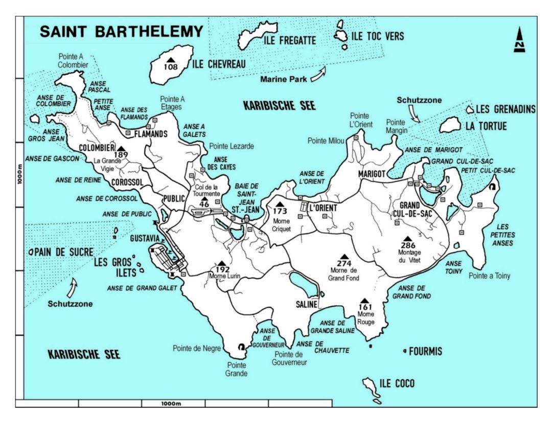 Large map of Saint Barthelemy with other marks