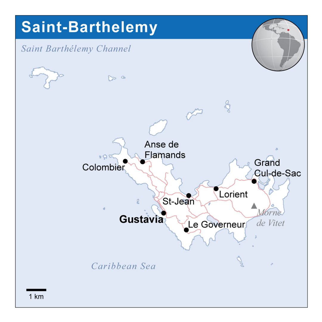 Large political map of Saint Barthelemy with roads and cities