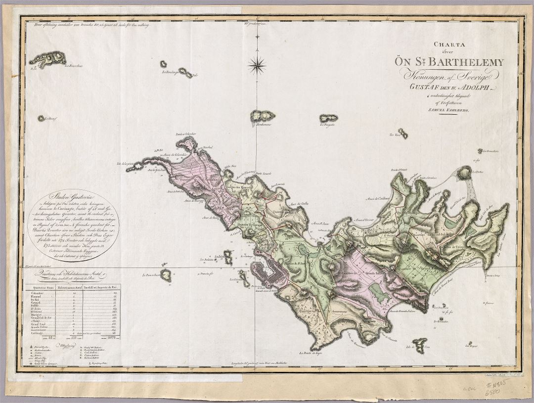 Large scale old map of Saint Barthelemy with relief and other marks - 1801