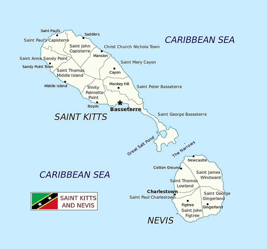Detailed administrative map of Saint Kitts and Nevis with cities