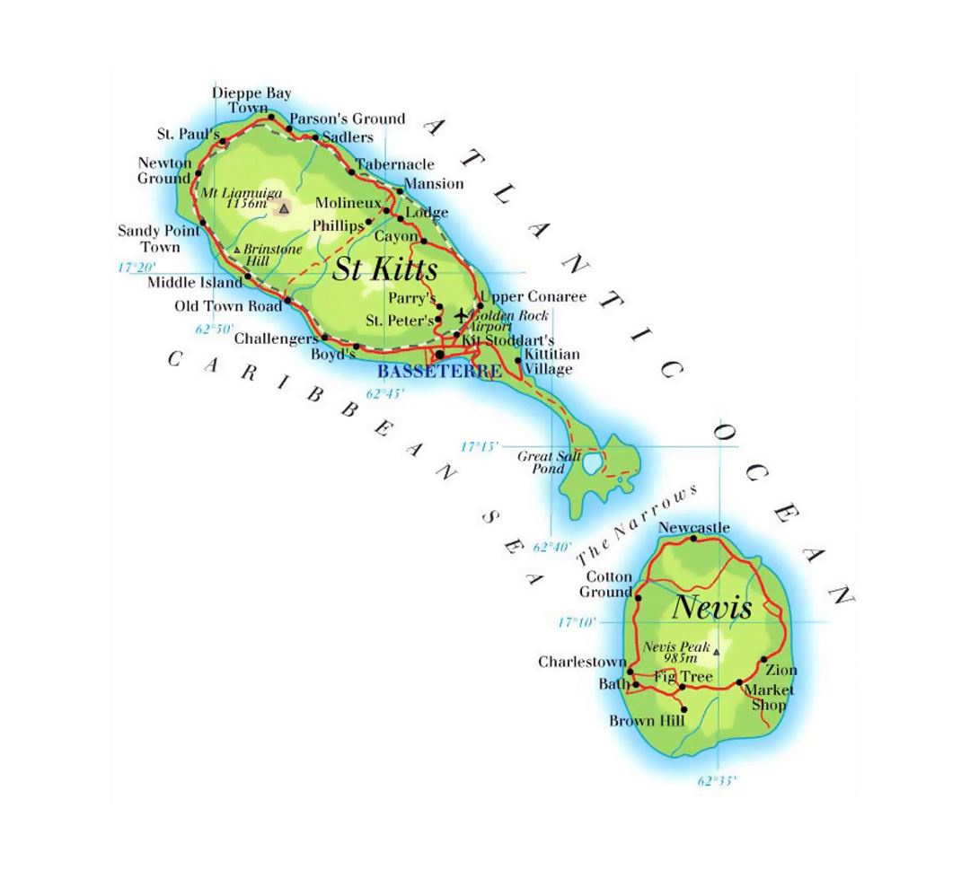 Detailed elevation map of Saint Kitts and Nevis with roads, railroads, cities and airports