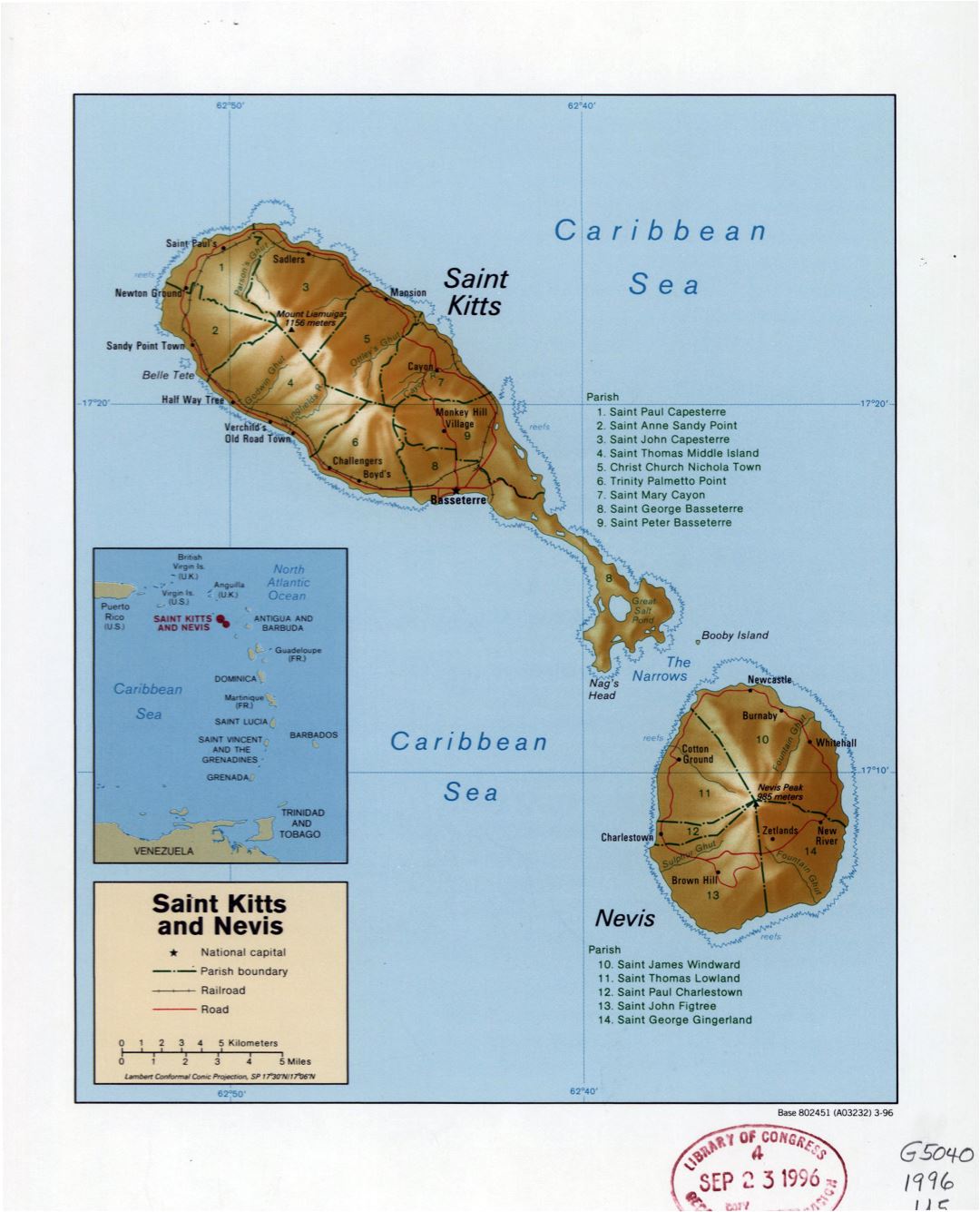 Large detailed political and administrative map of Saint Kitts and Nevis with relief, roads, railroads and cities - 1996