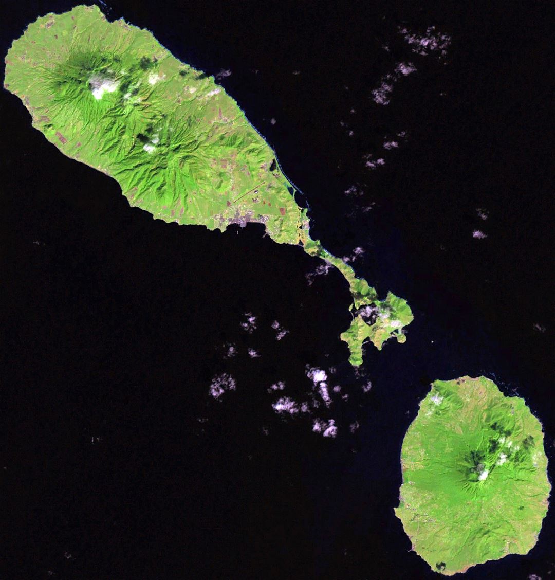 Large detailed satellite map of Saint Kitts and Nevis